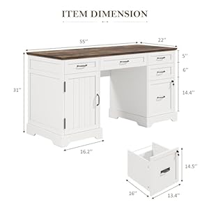 Alohappy 55'' Farmhouse Executive Desk with File Cabinet, Home Office Wood Computer Desk with Drawers and Power Outlets, White Alohappy 55 Farmhouse Executive Desk with File Cabinet Home Office Wood Computer Desk with Drawers and Power Outlets White