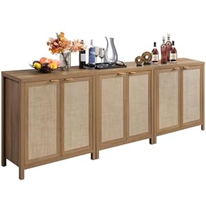 SICOTAS Sideboard Buffet Coffee Bar Cabinet Boho Rattan Larger Credenza with Storage 3 Pieces Farmhouse Kitchen Storage Cabinets Buffet Cabinet for Entryway Living Room Oak