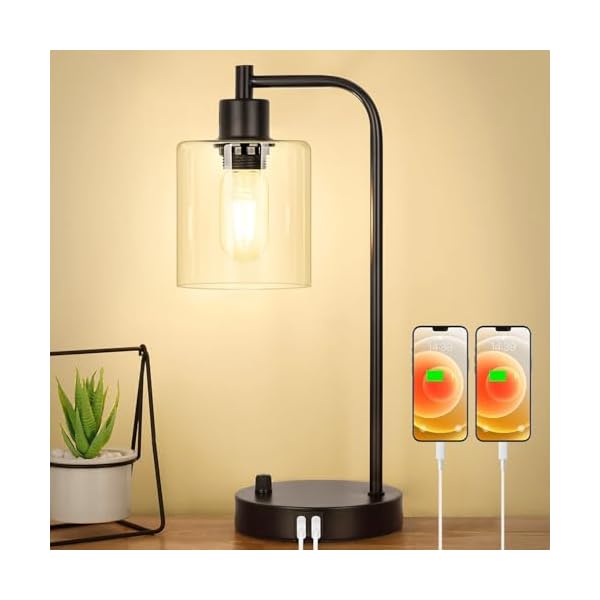   Industrial-Table-Lamp-with-2-USB-Charging-Ports-Fully-Stepless-Dimmable-Modern-Nightstand-Lamp-Glass-Shade-Bedside-Desk-Lamp-for-Bedroom-Living-Room-Office-6W-2700K-LED-Edison-Bulb-Included
