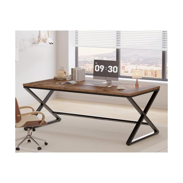 Lvb rustic large home office desk 708 long and wide computer desk wood metal work desk for study writing gaming farmhouse dual monitor workstation executive desk computer table rustic brown  urban country home decor