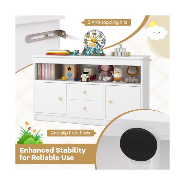   Costzon-Toy-Storage-Organizer-Wooden-Kids-Bookshelf-with-2-Drawers-2-Cabinets-Open-Shelf-Toy-Organizers-and-Storage-for-Playroom-Bedroom-Nursery-White