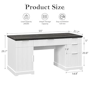 55" Farmhouse Executive Desk, Wood Home Office Desks with Drawers, Computer Desk with Storage Cabinet and Adjustable Shelf, Fluted Writing Desks for Study, Living Room, Antique White 55 Farmhouse Executive Desk Wood Home Office Desks with Drawers Computer Desk with Storage Cabinet and Adjustable Shelf Fluted Writing Desks for Study Living Room Antique White