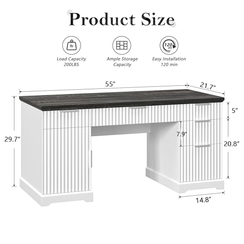 55-Farmhouse-Executive-Desk-Wood-Home-Office-Desks-with-Drawers-Computer-Desk-with-Storage-Cabinet-and-Adjustable-Shelf-Fluted-Writing-Desks-for-Study-Living-Room-Antique-White 55 Farmhouse Executive Desk Wood Home Office Desks with Drawers Computer Desk with Storage Cabinet and Adjustable Shelf Fluted Writing Desks for Study Living Room Antique White
