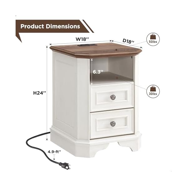   T4TREAM-Farmhouse-Nightstand-with-Charging-Station-18-End-Table-with-2-Drawers-Wood-Side-Table-Bedside-Cabinet-for-Bedroom-Living-Room-Antique-White