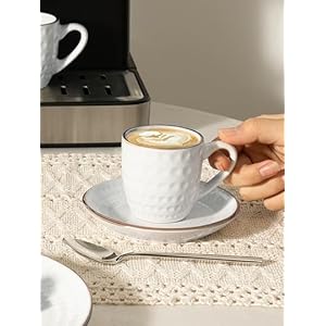 Famiware espresso cups and saucers set of 4 3 oz ceramic small coffee mug with handle embossed stoneware demitasse cup for tea latte microwave dishwasher safe white circle  urban country home decor
