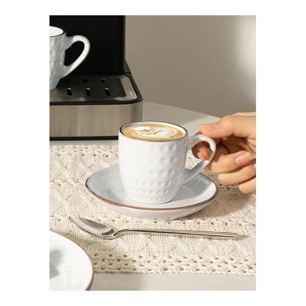 Famiware espresso cups and saucers set of 4 3 oz ceramic small coffee mug with handle embossed stoneware demitasse cup for tea latte microwave dishwasher safe white circle  urban country home decor