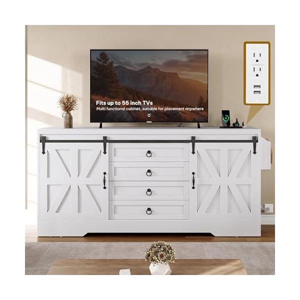 Yitahome 60 farmhouse large buffet sideboard buffet cabinet with 2 barn doors and 4 drawers high buffet table coffee bar storage cabinet wine bar for dining room living room 32 in height white  urban country home decor