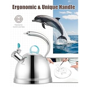 Harriet Tea Kettle for Stove Top, 2.5 Quart Stainless Steel Whistling Tea Pot, 3-Layer Base, Unique Dolphin-Shaped Ergonomic Handle, Includes Pot Holder & Mat, Gas Electric Applicable, Mirror Finish Harriet Tea Kettle for Stove Top 25 Quart Stainless Steel Whistling Tea Pot 3 Layer Base Unique Dolphin Shaped Ergonomic Handle Includes Pot Holder Mat Gas Electric Applicable Mirror Finish