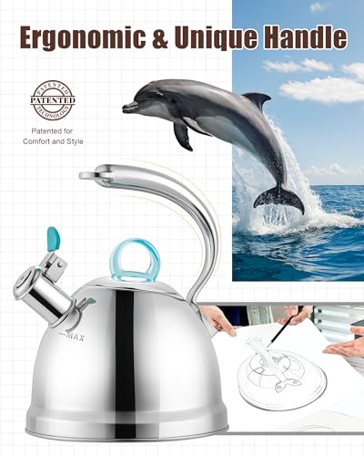 Harriet-Tea-Kettle-for-Stove-Top-25-Quart-Stainless-Steel-Whistling-Tea-Pot-3-Layer-Base-Unique-Dolphin-Shaped-Ergonomic-Handle-Includes-Pot-Holder-Mat-Gas-Electric-Applicable-Mirror-Finish Harriet Tea Kettle for Stove Top 25 Quart Stainless Steel Whistling Tea Pot 3 Layer Base Unique Dolphin Shaped Ergonomic Handle Includes Pot Holder Mat Gas Electric Applicable Mirror Finish