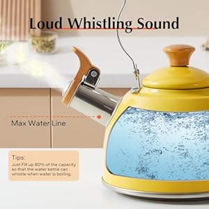 Rockurwok tea kettle tea pot with cool touch ergonomic handle teapot food grade stainless steel tea kettle stovetop kettle teapot whistling tea kettle small tea kettle 16 quart yellow  urban country home decor