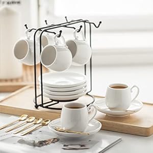 LYEOBOH Espresso Cups with Saucers Set 3 Ounces Coffee Cups with Metal Stand and Spoons Ceramic Cappuccino Coffee Cups Demitasse Cups for Espresso Latte Cafe Mocha and Tea Set of 6 White