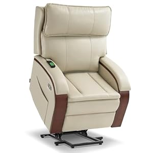MCombo Power Lift Recliner Chair Sofa with Massage and Heat, Adjustable Headrest for Elderly People, Solid Wood Armrest, USB Ports, Side Pockets, Faux Leather 7917 (Cream White, Medium)