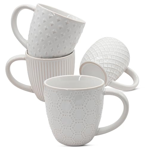 Embossed Ceramic Coffee Mug 14 OZ Farmhouse Style Porcelain Mugs for Espresso Cappuccino Tea Hot Cocoa Mocha Suit For Housewarming Wedding Set of 4