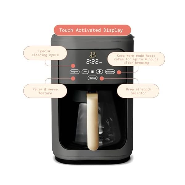 Beautiful 14 cup programmable coffee maker touch display 1200w brew strength control keep warm pause serve glass carafe reusable filter auto shut off matte finish oyster grey  urban country home decor