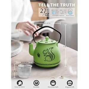 Toptier Teapot with Removable Infuser Cast Iron Tea Kettle Stovetop Safe Squirrel Design Tea Pot Coated with Enameled Interior for 32 Ounce 950 ml Bright Green