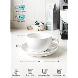 Le tauci 8 oz cappuccino cups with saucersceramic large coffee cup for au lait double shot latte cafe mocha tea set of 4 white  urban country home decor