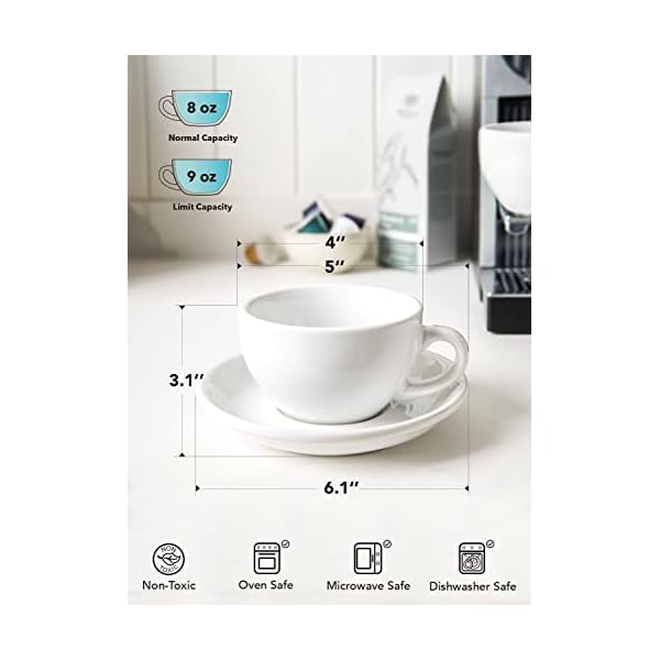 Le tauci 8 oz cappuccino cups with saucersceramic large coffee cup for au lait double shot latte cafe mocha tea set of 4 white  urban country home decor
