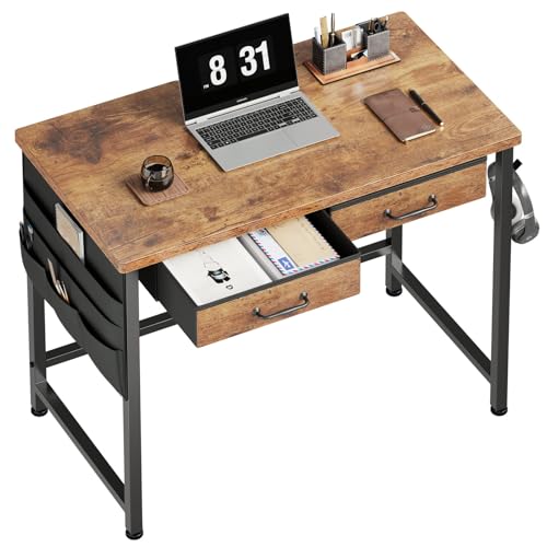 Small Desk with Drawers 315 inch Small Computer Desk with Drawers Writing Desk with Drawers for Small Spaces Compact Desk for Small Spaces Metal Frame for PC Laptop Rustic Brown2