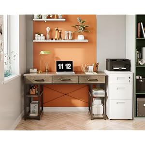 ODK Office Small Computer Desk Home Table with Fabric Drawers Storage Shelves Modern Writing Desk Grey Oak 48×16