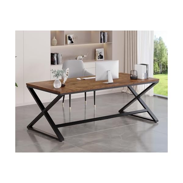 Lvb rustic large home office desk 708 long and wide computer desk wood metal work desk for study writing gaming farmhouse dual monitor workstation executive desk computer table rustic brown  urban country home decor
