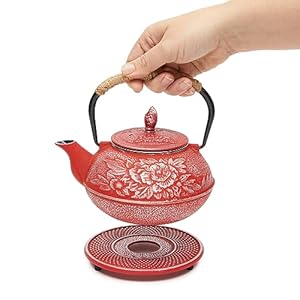   Juvale-Cast-Iron-Teapot-with-Infuser-Japanese-Tea-Kettle-Loose-Leaf-Tetsubin-with-Handle-and-Trivet-Red-3-Pcs-holds-27-oz-800-ml