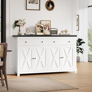 FOTOSOK Sideboard Buffet Cabinet with Storage 55 Large Kitchen Storage Cabinet with 2 Drawers and 4 Doors Wood Coffee Bar Cabinets Buffet Table for Kitchen Dining Room White and Black