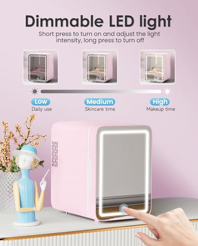 Skincare-Fridge-With-Dimmable-LED-Light-Mirror-4L-Makeup-Mini-Fridge-for-Bedroom-Car-Office-Dorm-Cooler-Warmer-Portable-Small-Refrigerator-for-Cosmetics-Skin-Care-and-Food-Pink Skincare Fridge With Dimmable LED Light Mirror 4L Makeup Mini Fridge for Bedroom Car Office Dorm Cooler Warmer Portable Small Refrigerator for Cosmetics Skin Care and Food Pink