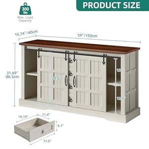 YITAHOME 59 Farmhouse Buffet Cabinet with Storage Large Sideboard Cabinet wSliding Barn Doors and 4 Drawers Kitchen Cabinets for Living Room White Oak