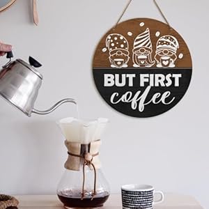 Coffee Bar Gnome Sign Decor Coffee Farmhouse Wood Hanging Sign Decor Coffee Station Cafe Wall Sign Decorations for Kitchen Coffee Bar Corner Gift for Woman Man Coffee Lover But First Coffee