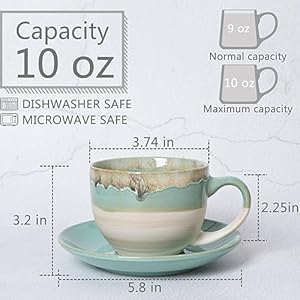 Bosmarlin ceramic cappuccino cup and saucer set of 2 10 oz coffee cups for latte espresso tea dishwasher and microwave safe reavtive glaze green  urban country home decor