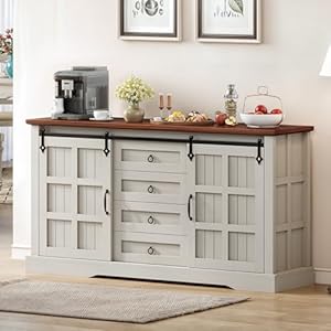 YITAHOME 59 Farmhouse Buffet Cabinet with Storage Large Sideboard Cabinet wSliding Barn Doors and 4 Drawers Kitchen Cabinets for Living Room White Oak