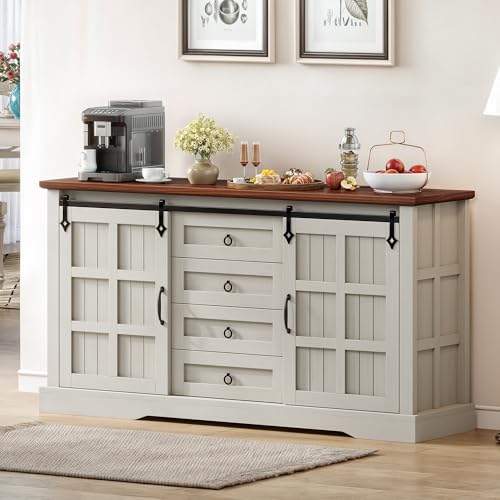 YITAHOME 59 Farmhouse Buffet Cabinet with Storage Large Sideboard Cabinet wSliding Barn Doors and 4 Drawers Kitchen Cabinets for Living Room White Oak