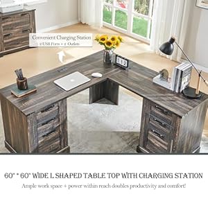 RedLemon 60 Farmhouse L Shaped Desk with Drawers Wood Home Office Corner Executive Desk with Charging Station File Drawer Storage Cabinet Rustic Computer Writing Desk Dark Rustic Oak