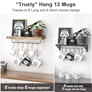 Floating mug racks 2 pack wall mounted coffee cup holder with 12 hooks mug organizer for kitchen farmhouse coffee bar decor  urban country home decor