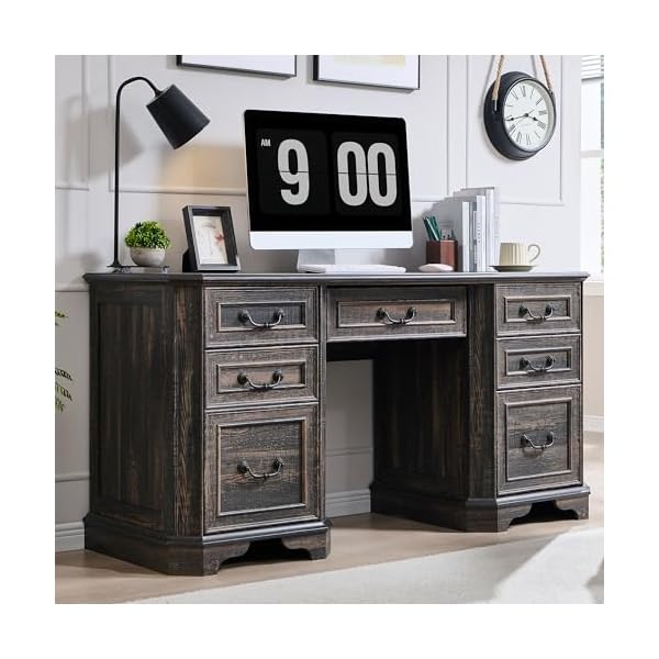   T4TREAM-59-Farmhouse-Executive-Desk-with-DrawersWood-Home-Office-Computer-Desk-Featuring-Keyboard-TrayCharging-StationFile-Drawer-Storage-Cabinetfor-Work-and-Study-Dark-Rustic-Oak