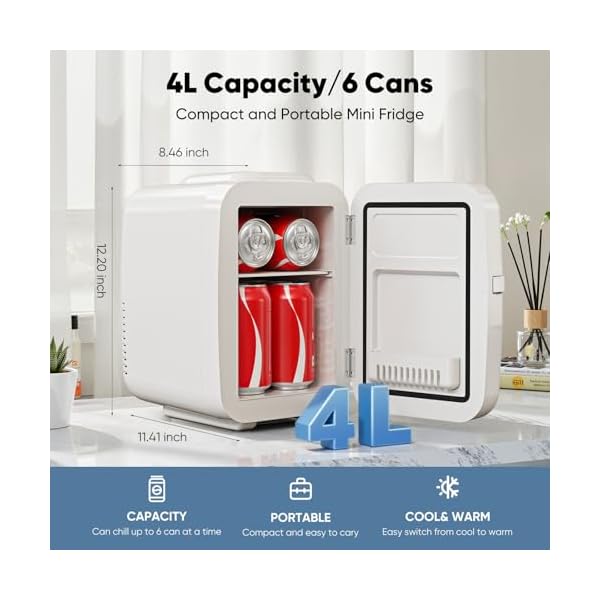   DUMOS-4L-Mini-Fridge-6-Can-Thermoelectric-Cooler-Warmer-Compact-110V-AC12V-DC-Refrigerator-for-Skincare-Drinks-and-Food--Retro-Style-for-Car-Office-Dorm-Bedroom-White