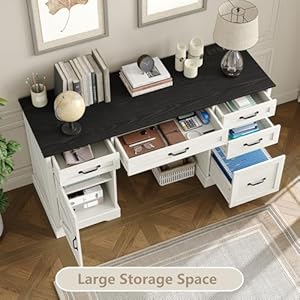 Furniouse 57" Executive Desk, Farmhouse Computer Desk with Drawers and File Cabinet with Charging Station, Wooden Home Office Desk, Workspace for Work & Writing, Black Tabletop Furniouse 57 Executive Desk Farmhouse Computer Desk with Drawers and File Cabinet with Charging Station Wooden Home Office Desk Workspace for Work Writing Black Tabletop