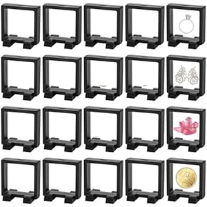 Dicunoy 20 PCS 3D Floating Display Cases, 2.2″ Black Coins Display Frame with Stands, Floating Jewelry Holder Cases for Crystal Shells, Fossils, Gems, Pearl, Minerals, Rocks, Pins