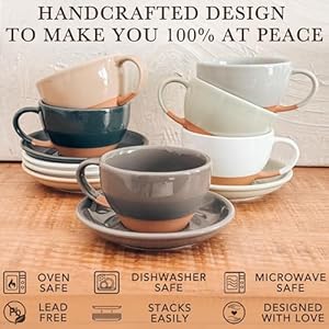 Mora ceramic latte art mug with saucer 105 oz round bottom for perfect pours cafe cups for cappuccino espresso coffee tea etc porcelain set for baristas great gift sesame milk  urban country home decor