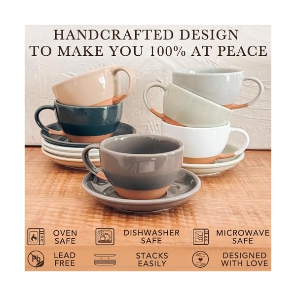 Mora ceramic latte art mug with saucer 105 oz round bottom for perfect pours cafe cups for cappuccino espresso coffee tea etc porcelain set for baristas great gift sesame milk  urban country home decor