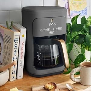 Beautiful 14 cup programmable coffee maker touch display 1200w brew strength control keep warm pause serve glass carafe reusable filter auto shut off matte finish oyster grey  urban country home decor