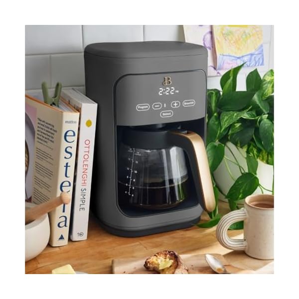 Beautiful 14 cup programmable coffee maker touch display 1200w brew strength control keep warm pause serve glass carafe reusable filter auto shut off matte finish oyster grey  urban country home decor