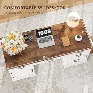 Whalefall 55'' Farmhouse Desk Home Office with Drawers, Executive Computer Desk Wooden with File Cabinet and Charging Station, White Whalefall 55 Farmhouse Desk Home Office with Drawers Executive Computer Desk Wooden with File Cabinet and Charging Station White