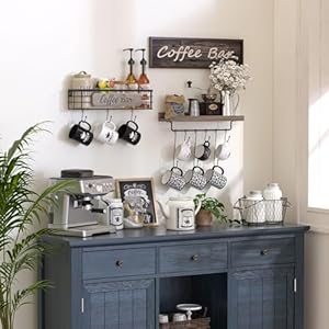  Coffee-Mug-Holder-Organizer-2-Pack-with-12-Mug-Hooks-Mug-Rack-Wall-Mounted-with-Coffee-Bar-Sign-Farmhouse-Coffee-Accessories-and-Organizer-with-Metal-Basket-Floating-Shelves-for-Wall-Weathered-Walnut