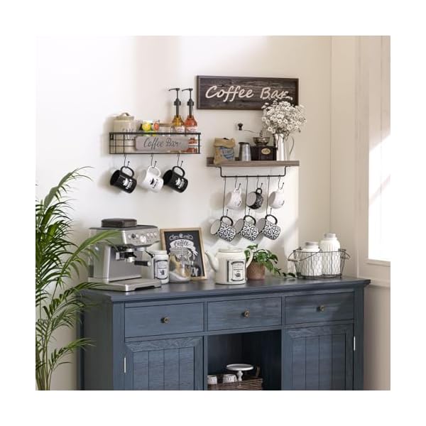   Coffee-Mug-Holder-Organizer-2-Pack-with-12-Mug-Hooks-Mug-Rack-Wall-Mounted-with-Coffee-Bar-Sign-Farmhouse-Coffee-Accessories-and-Organizer-with-Metal-Basket-Floating-Shelves-for-Wall-Weathered-Walnut