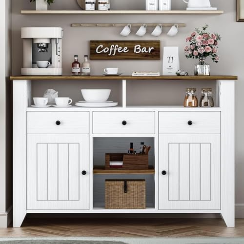 4ever2buy-Farmhouse-Coffee-Bar-Cabinet-with-Storage-47-Inch-Coffee-Bar-with-3-Drawers-2-Doors-White-Buffet-Cabinet-with-Open-Shelf-Kitchen-Coffee-Bar-Cabinet-for-Living-Dining-Room 4ever2buy Farmhouse Coffee Bar Cabinet with Storage 47 Inch Coffee Bar with 3 Drawers 2 Doors White Buffet Cabinet with Open Shelf Kitchen Coffee Bar Cabinet for Living Dining Room