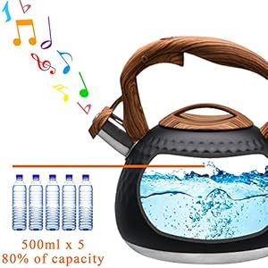   GGC-Tea-Kettle-for-Stove-Top-Loud-Whistling-Kettle-for-Boiling-Water-Coffee-or-Milk-31-Quart-3L-Heavy-Stainless-Steel-Black-Kettle-with-Wood-Pattern-Handle-Unique-Button-Control-Kettle-Outlet