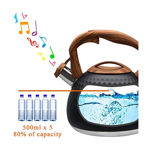  GGC-Tea-Kettle-for-Stove-Top-Loud-Whistling-Kettle-for-Boiling-Water-Coffee-or-Milk-31-Quart-3L-Heavy-Stainless-Steel-Black-Kettle-with-Wood-Pattern-Handle-Unique-Button-Control-Kettle-Outlet