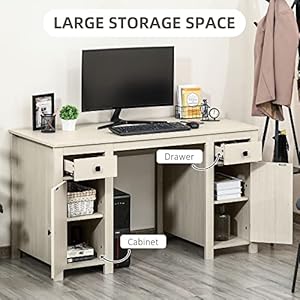 HOMCOM Farmhouse Computer Desk with Storage, Home Office Desk with 2 Drawers and 2 Cabinets, Cream White HOMCOM Farmhouse Computer Desk with Storage Home Office Desk with 2 Drawers and 2 Cabinets Cream White