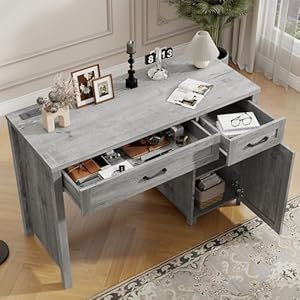 Farmhouse 47 Executive Desk Computer Desk with Drawers and Storage Cabinet Workstation Computer Desk for Home Office and StudyGrey